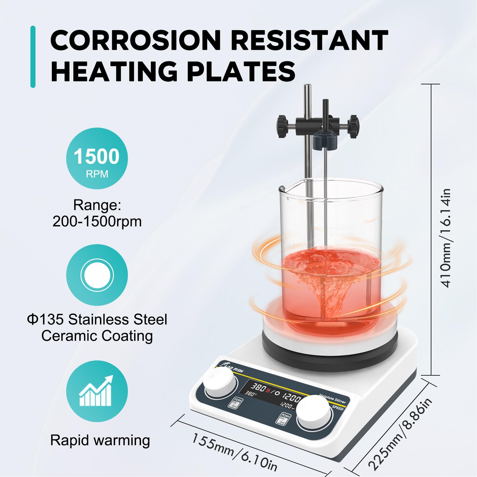 LAB FISH Laboratory Lab Magnetic Stirrer Hot Plate 280℃/ 536℉ 5 inch Digital Magnetic Mixer 3L Capacity Knob Control 200-1500rpm,Probe Sensor & Stirring Bar Included,110V