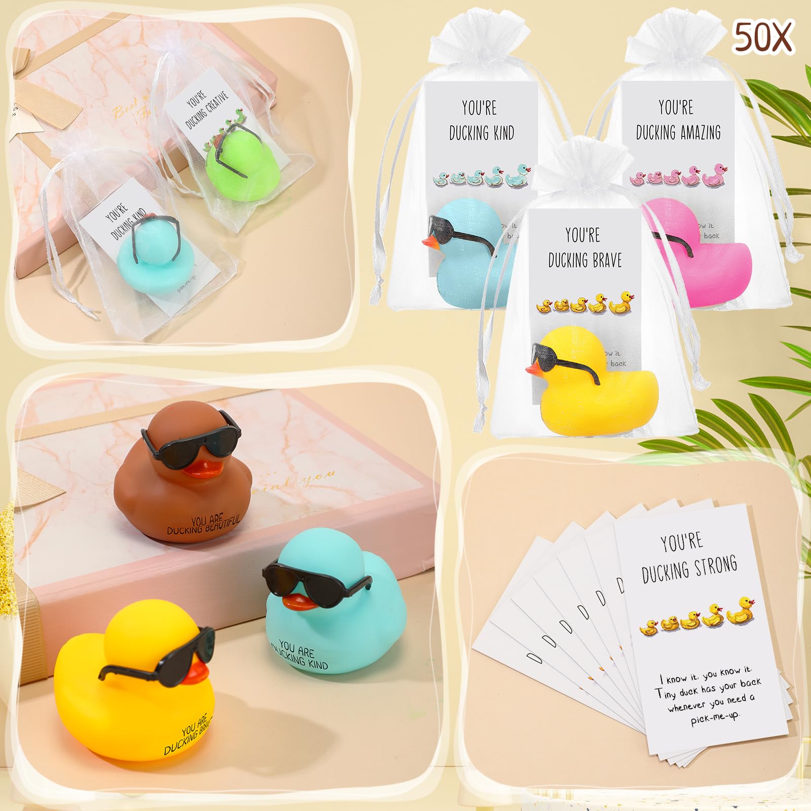 Glimin 100 Set Inspirational Mini Rubber Ducks with Glasses You are Awesome Card and Bag Thank You Gift Employee Appreciation Gift You're Ducking Gift for Christmas Staff Team Coworker Party Favors