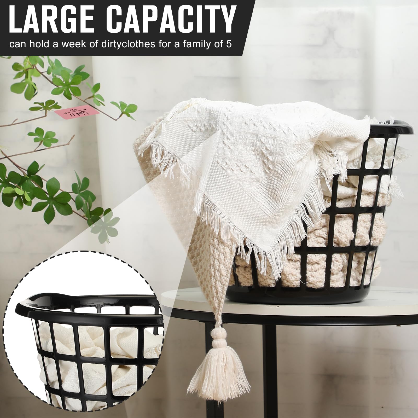 Uiifan 8 Pcs Black Lightweight Laundry Baskets Plastic Large Round Bushel Baskets Capacity Plastic Clothes Basket Space Saving Narrow Laundry Hampers