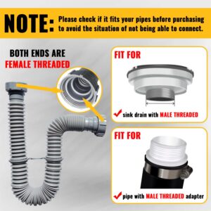 VIVIDA Flexible Sink Drain Pipe 1-1/2 inch for Double Sink Drain, 11"-31.5" Expandable Flexible P Trap Double Bowl Sink Drain Kit for Kitchen, Bathroom, 1-1/4" Adapter Included, Gray, 1 PACK