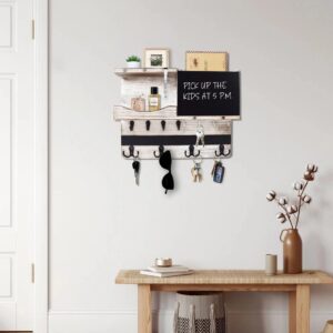 Farmhouse Key and Mail Holder for Wall Decorative, Rustic Mail and Key Organizer for Wall with Different Hooks, Chalkboard, Key Holder Wall Mount with Shelf, Basket, Clips(Pine Wood, White Washed)