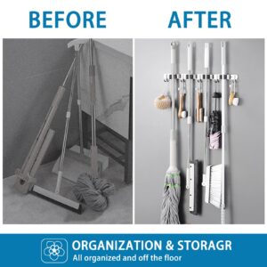 Vebroert Mop Broom Holder Wall Mount, Stainless Steel Broom Organizer Wall Mounted Self Adhesive, Garage Laundry Room Garden Organization Tool Storage Rack, Heavy Duty Hangers 5 Racks and 4 Hooks