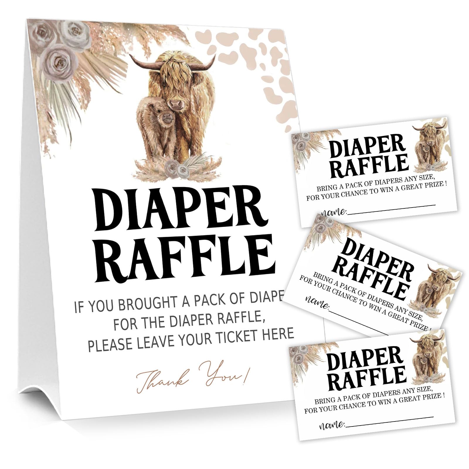 Diaper Raffle Tickets for Baby Shower Game, 1 Standing Sign & 50 Guessing Cards for Baby Shower Party Decoration, Holy Cow, Boho Highland Cow