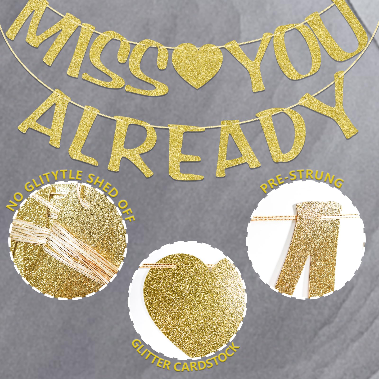 Qttier Miss You Already Banner, Pre-strung Party Decorations for Farewell Party Going Away Party Goodbye Party Retirement Graduation, Gold Glitter