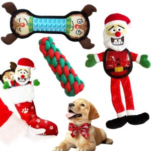 dogzstuff christmas dog toys with dog christmas stocking - 3 pack durable squeaky xmas dog toys for small medium and large dogs plus reusable holiday stocking