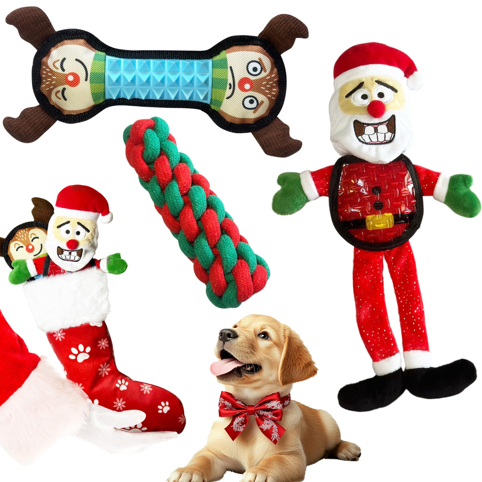 DOGZSTUFF Christmas Dog Toys with Dog Christmas Stocking - 3 Pack Durable Squeaky Xmas Dog Toys for Small Medium and Large Dogs Plus Reusable Holiday Stocking