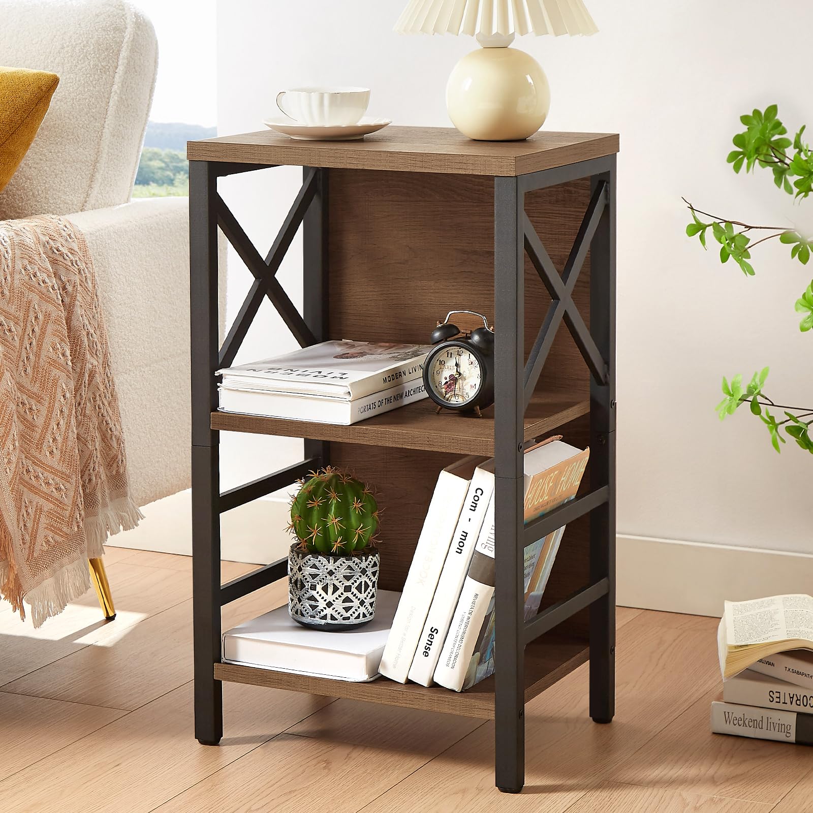 MNEETRUNG Small Bookcase,3 Tier Industrial Short Bookshelf with Metal Frame and Backboard,Rustic Brown Low Bookshelf, Small Office Book Shelf for Small Spaces, Living Room, Bedroom and Home Office