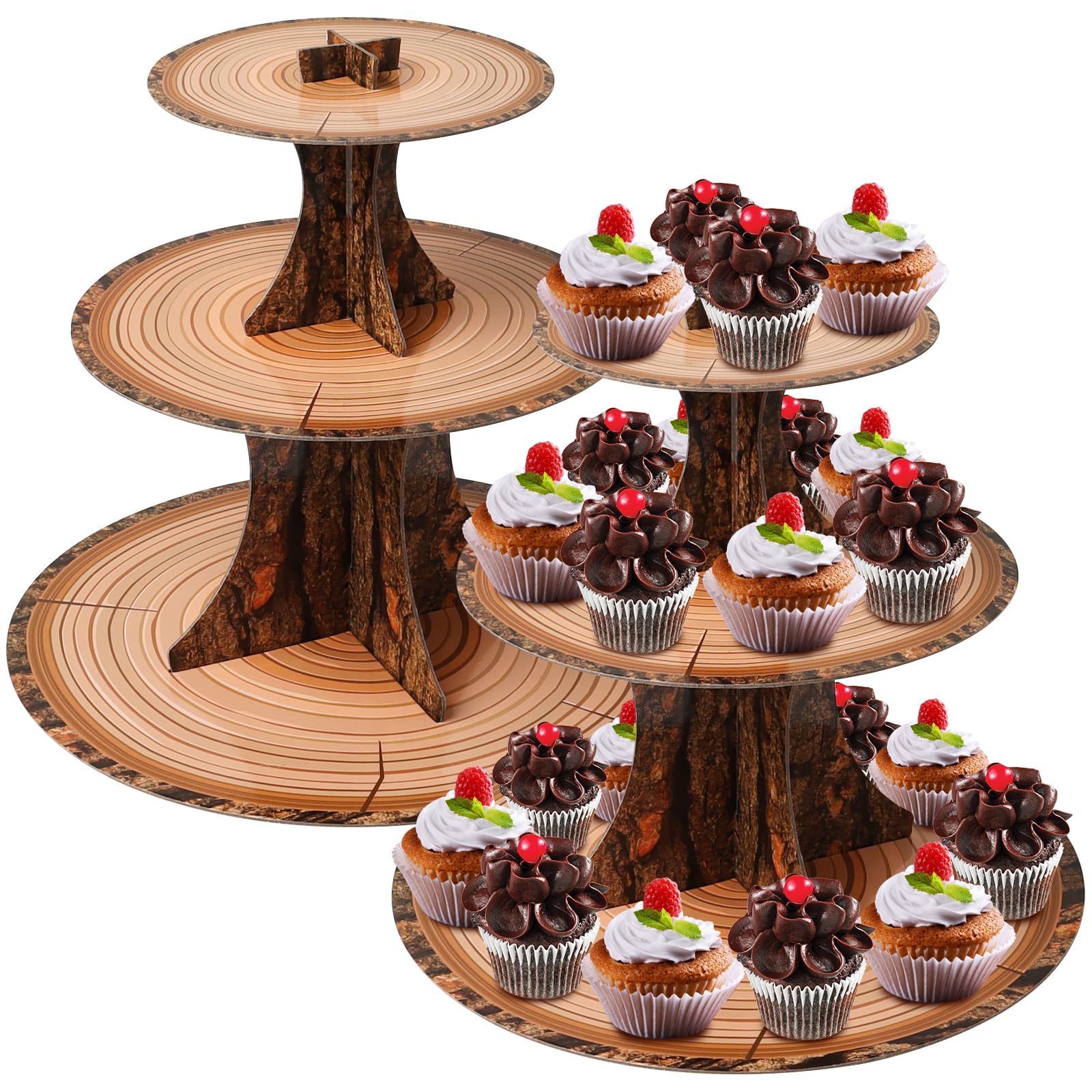 Ira Pollitt 2 Pcak 3 Tier Woodland Cupcake Stand Wooden Cupcake Stand Tower Wood Birthday Party Supplies for Woodland Forest Birthday Party Decor Supplies