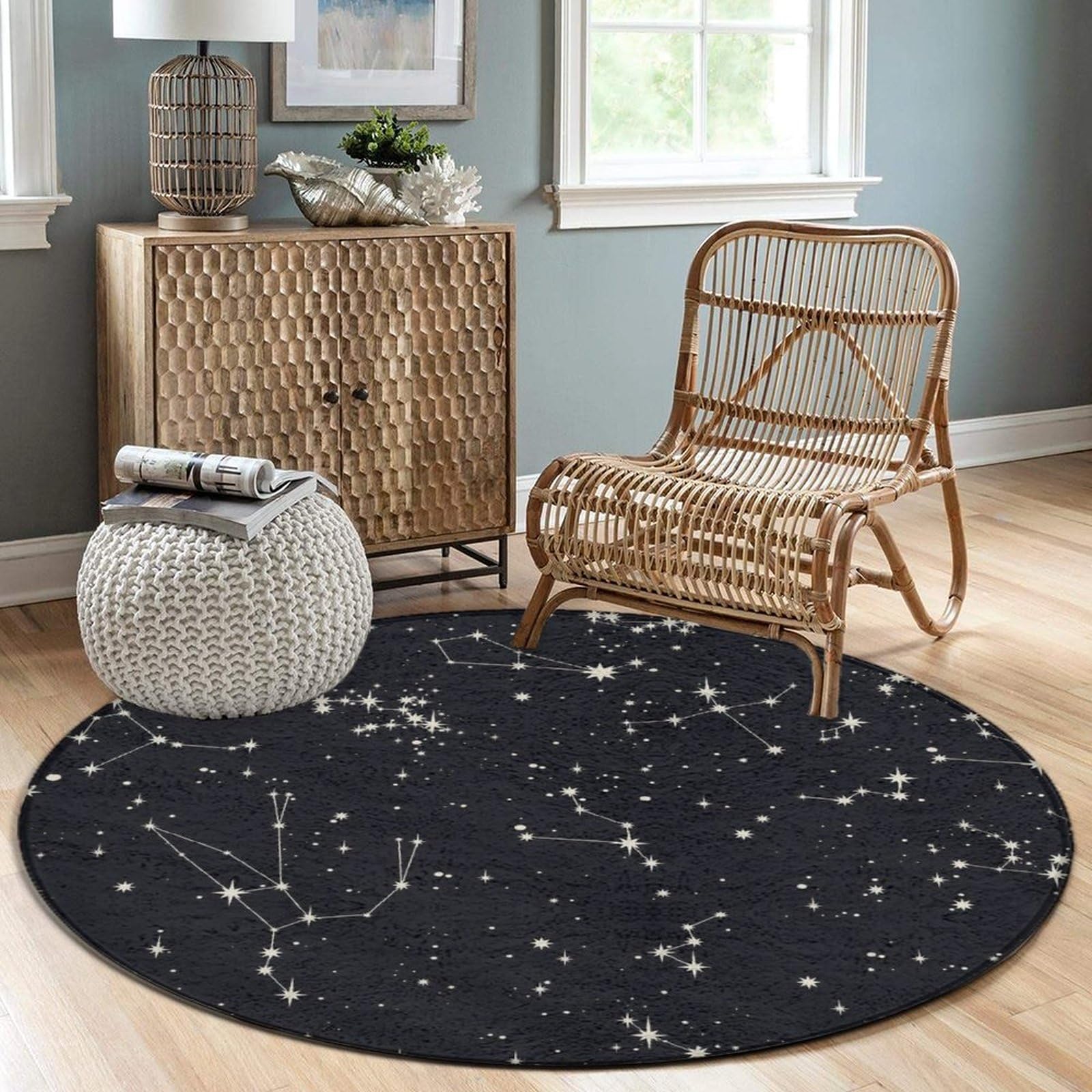 Large Round Bathroom Rug Kitchen Office Circle Rug for Living Room Sofa Bedroom Circle Cute Mat Compatible with Zodiac Constellation Galaxy Black Starry Night Stars Glow Dark Midnight 36inch(90cm)