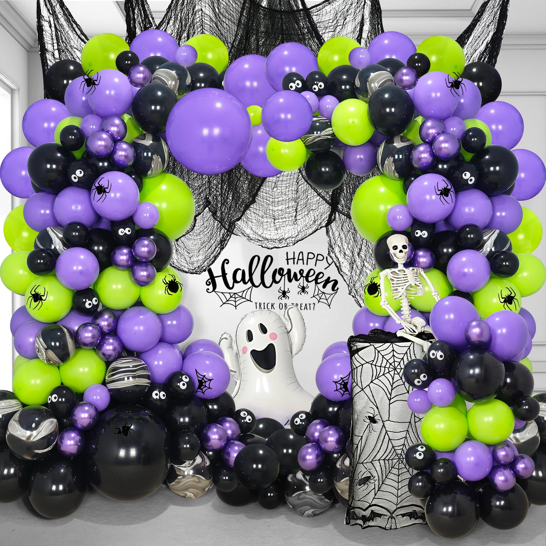 198pcs Large Size Halloween Balloon Garland Arch Kit, Black Green Halloween Decorations Party Supplies, Halloween Balloon Garland with Bat Balloon