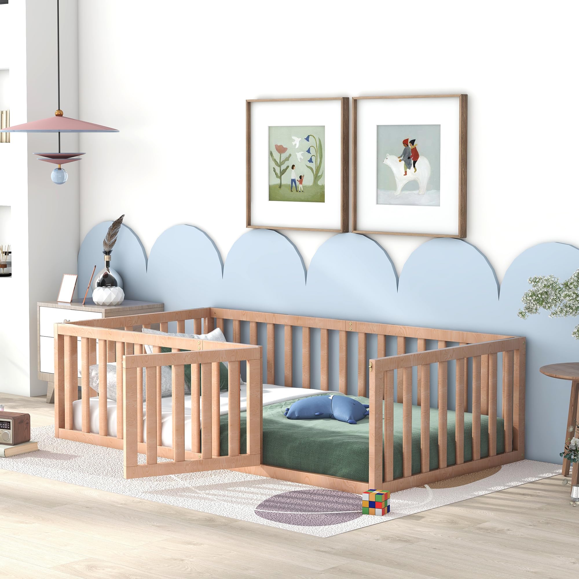 Harper & Bright Designs Twin Floor Bed with Rails, Montessori Floor Bed Wood Frame with Fence and Door, for Kids Girls Boys (Twin Size,Natural)