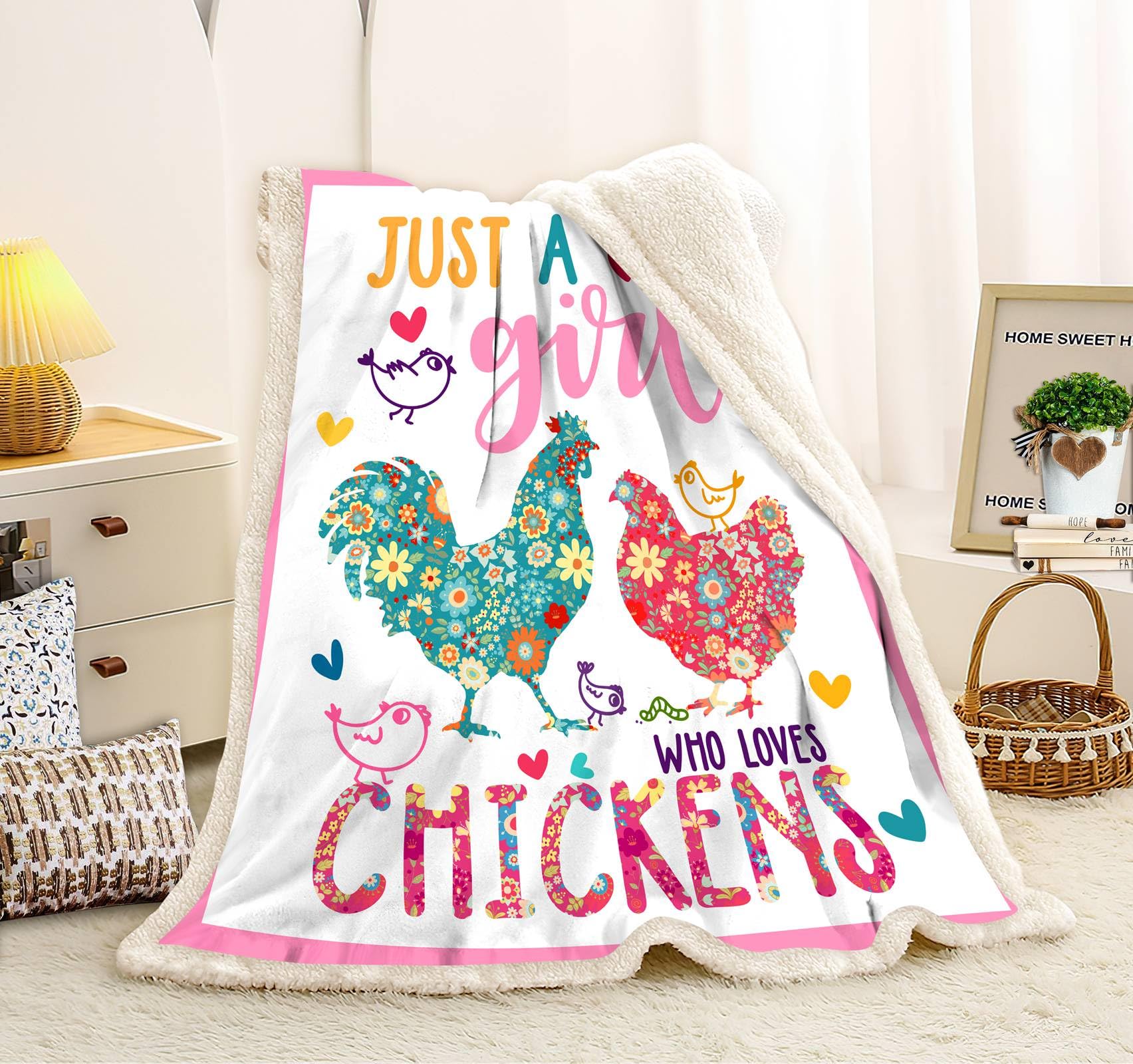 Cute Chicken Blanket Just A Girl Who Loves Chickens Blankets Super Soft Sherpa Throw Blanket Bedding Decor Gifts for Kids Boys Girls Toddler Adults 60"x50"