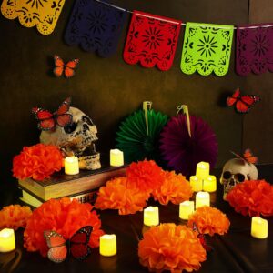 Newwiee 82 Pcs Day of the Dead Altar Kit Flameless LED Candle Paper Marigold Flower Fan Monarch Butterfly Papel Picado Banner Disposable Tablecloth for Dia De Los Muertos Altar Diwali(Cute Color)