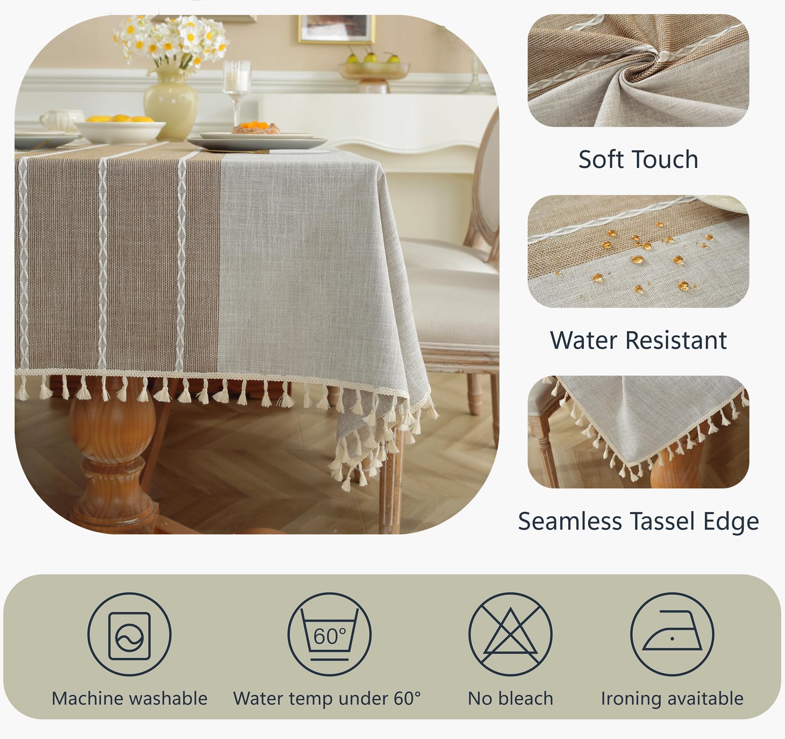 Alsoo Table Cloth Rectangle Table Rustic Waterproof Tablecloth Cotton Linen Wrinkle Free Table Cloths for Parties, Kitchen Dining, Holiday, Christmas, Coffee Lines, 4-6 Seats/55x75 Inches