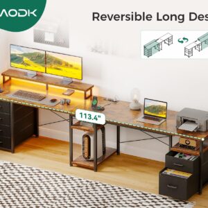 AODK 66" L Shaped Computer Desk, 113“ Reversible Home Office Desk with File Cabinet & 4 Fabric Drawers, Two Person Desk with LED Lights & Power Outlet, Corner Gaming Desk with Monitor Shelf, Vintage