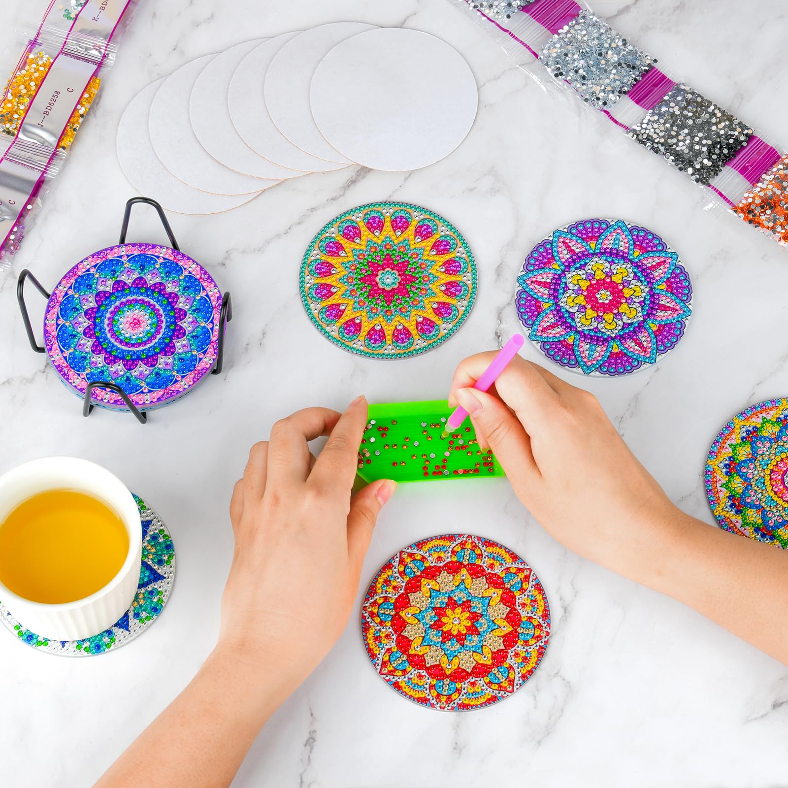 8 Pcs Diamond Art Coasters, Mandala Diamond Painting Kits for Adults Kids Beginners, Diamond Painting Coasters Art Craft Supplies for Birthday Gift