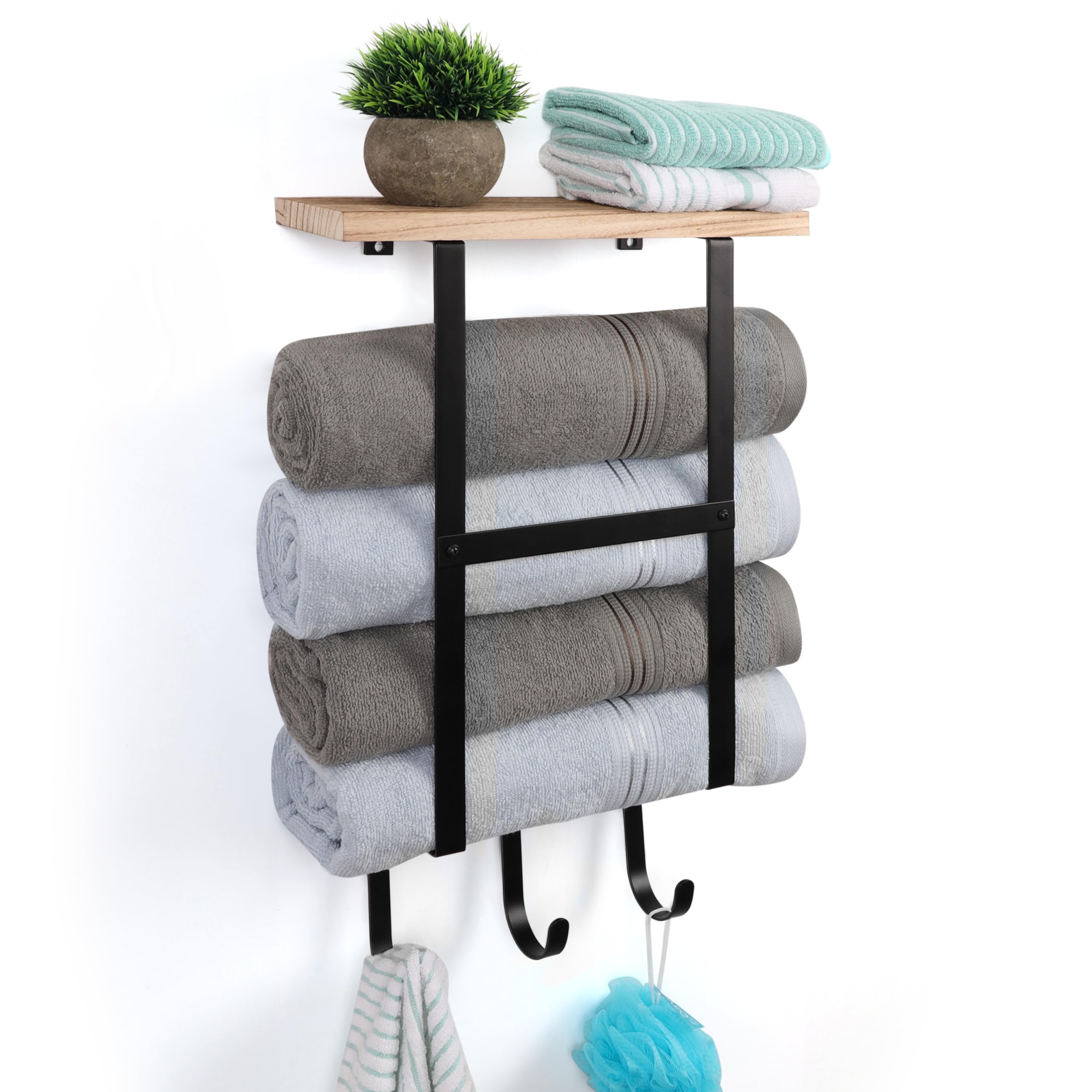 Belle Vous Wall-Mounted Towel Rack with Shelf and 3 Hooks - W13.5 x H21 Inches - Wooden Storage Shelf with Black Metal Bars for Towels - Folded/Rolled Towel Organizer Holder for Bathroom