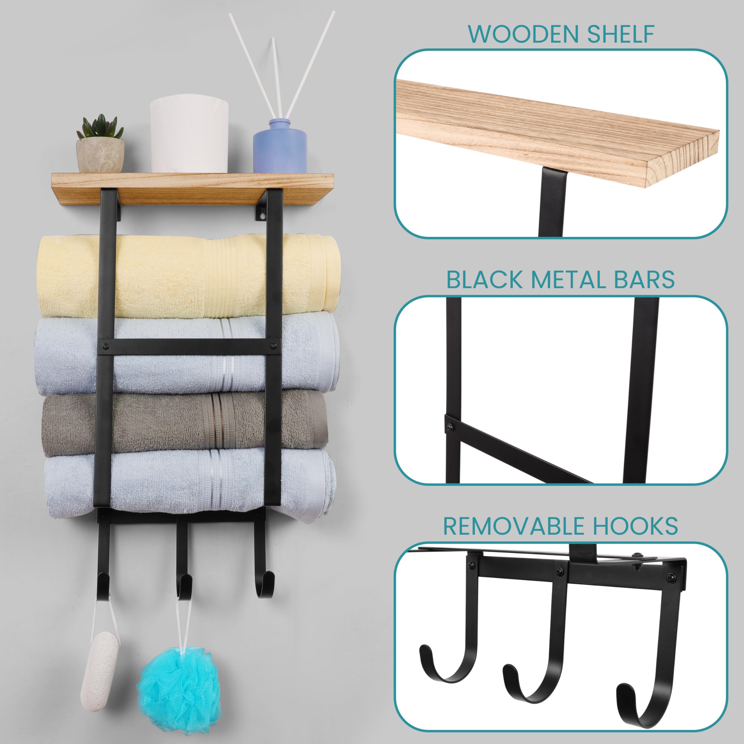 Belle Vous Wall-Mounted Towel Rack with Shelf and 3 Hooks - W13.5 x H21 Inches - Wooden Storage Shelf with Black Metal Bars for Towels - Folded/Rolled Towel Organizer Holder for Bathroom