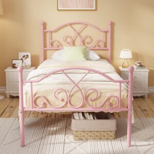 weehom twin bed frames, modern twin size metal bed frames for kids girls, no box-spring needed twin platform bed frame with unique headboard and footboard, 11.23 inches storage space - pink