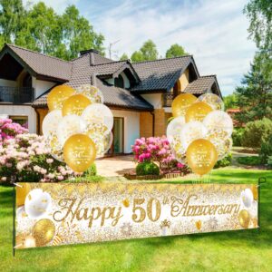 50th Wedding Anniversary Decorations White Gold Happy 50th Anniversary Yard Banner and 18Pcs 50th Golden Wedding Anniversary Balloons for 50th Golden Wedding Anniversary Party Decorations