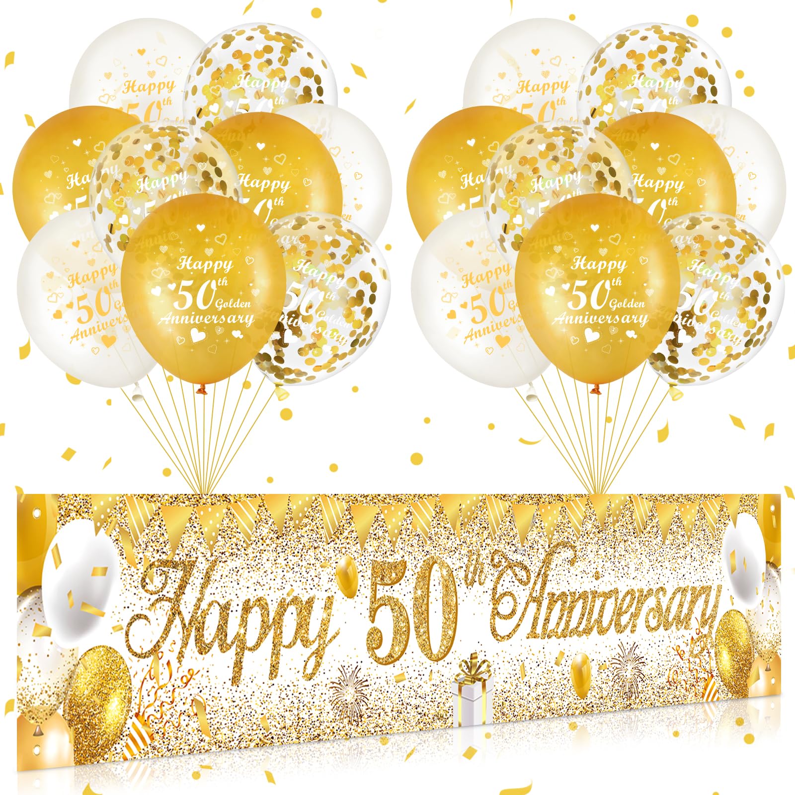 50th Wedding Anniversary Decorations White Gold Happy 50th Anniversary Yard Banner and 18Pcs 50th Golden Wedding Anniversary Balloons for 50th Golden Wedding Anniversary Party Decorations