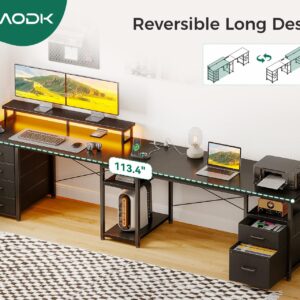 AODK 66" L Shaped Computer Desk, 113“ Reversible Home Office Desk with File Cabinet & 4 Fabric Drawers, Two Person Desk with LED Lights & Power Outlet, Corner Gaming Desk with Monitor Shelf, Black