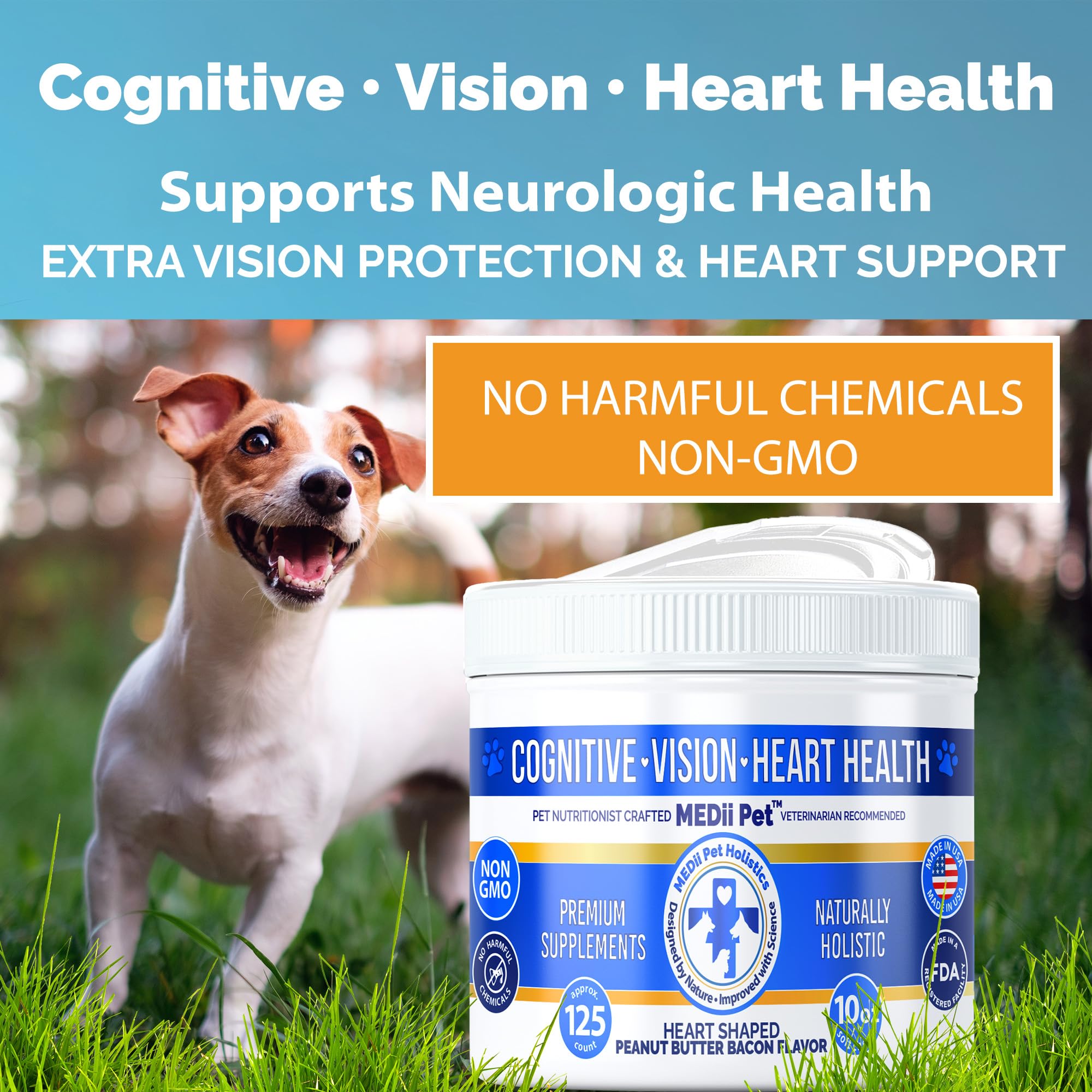 MEDii Pet Dog Vitamin Supplements & Health Booster: Metabolism, Cardiac, Eyes, & Helps Prevent Dog Dementia– Includes Spirulina, Vitamin B1, B3, & B12, Non-GMO, 125 ct/10 oz. Best Value