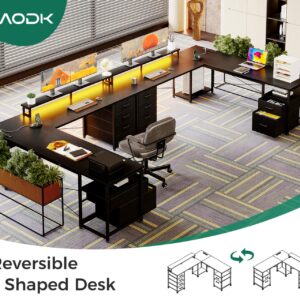 AODK 66" L Shaped Computer Desk, 113“ Reversible Home Office Desk with File Cabinet & 4 Fabric Drawers, Two Person Desk with LED Lights & Power Outlet, Corner Gaming Desk with Monitor Shelf, Black