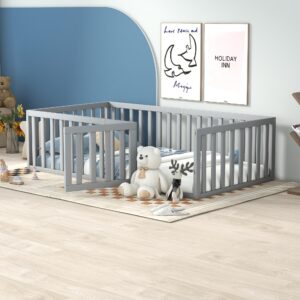 Harper & Bright Designs Twin Floor Bed with Rails, Montessori Floor Bed Wood Frame with Fence and Door, for Kids Girls Boys (Twin Size,Gray)