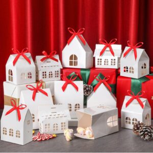 yinder 25 pcs house shaped gift boxes with red ribbons house shaped candy boxes house treat boxes party favors cookie boxes for gift giving white paper gable boxes for wedding xmas party, 4 styles