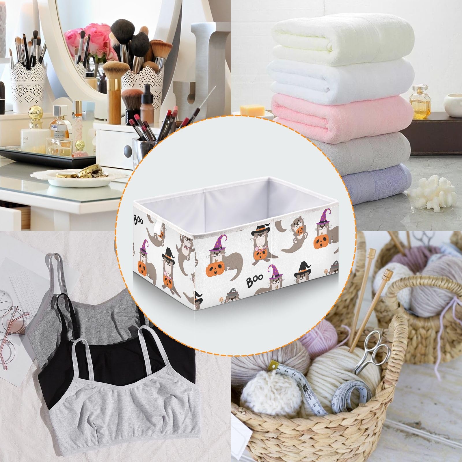 Emelivor Cute Otter Halloween Rectangle Storage Bins Fabric Storage Cube Large Storage Baskets for Shelves Collapsible Cube Organizer Bins for Shelves Nursery Closet Bedroom Living Room,16 x 11inch