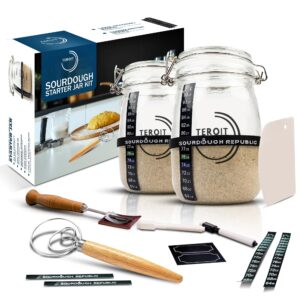 teroit sourdough starter kit, sourdough bread baking supplies - 2pcs sourdough starter jar, bread lame, bread whisk, dough scraper, air tight lid - delightful gift for home cooks