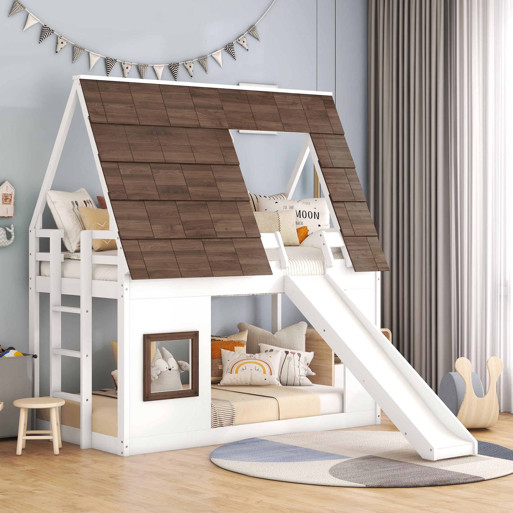 Polibi Wood Twin Size House Shaped Bunk Bed with Brown Roof,Window,Ladder and Slide,Bunkbed Frame for Boys & Girls,White+Brown