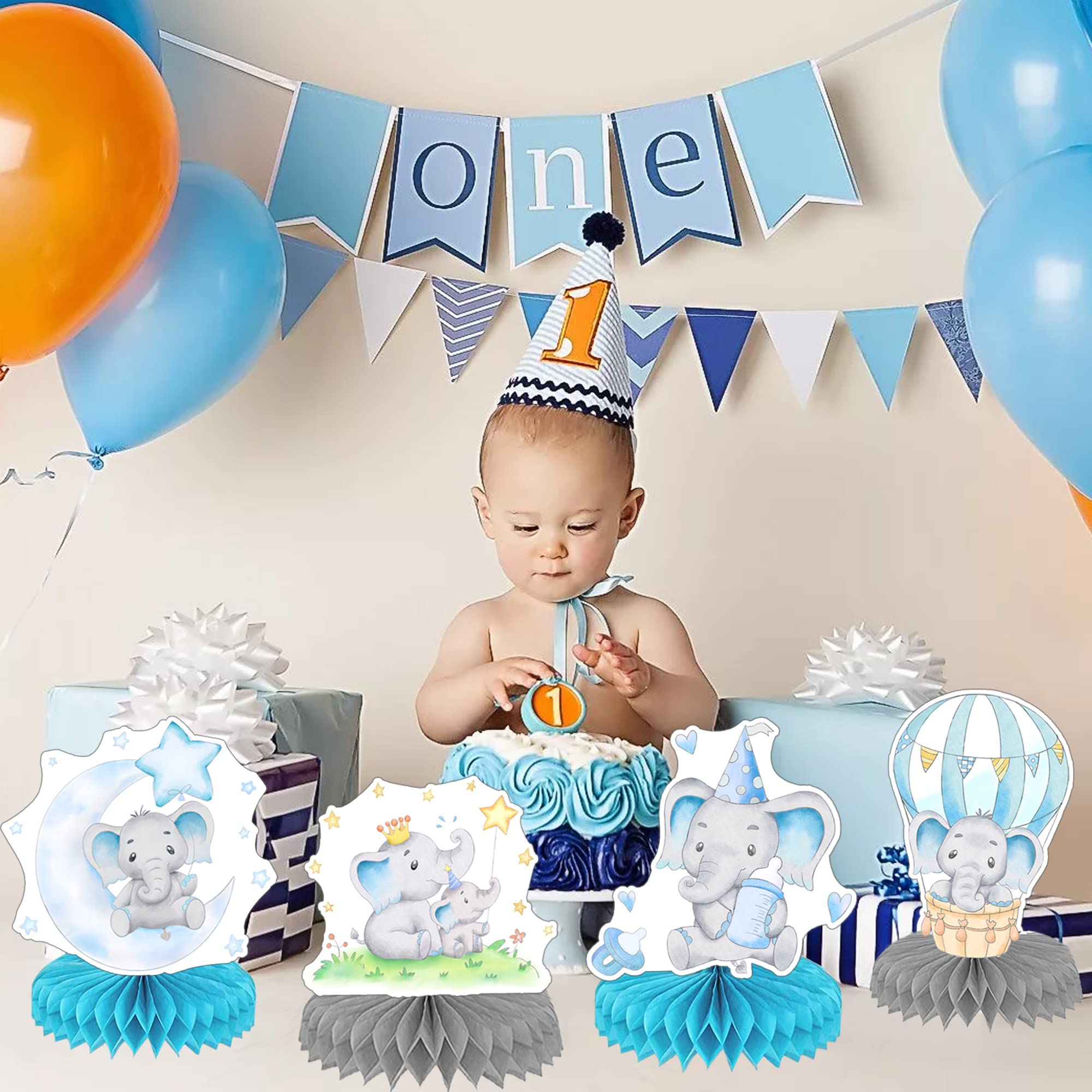 9pcs Blue Elephant Honeycomb Centerpieces Elephant Baby Shower Decorations for Boy Elephant Baby Shower Centerpieces Birthday Party Supplies Table Toppers for Elephant It's A Boy Party Favors for Kids