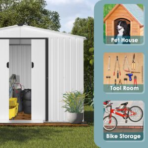 Crownland Outdoor 6 x 8 Feet Storage Shed Backyard Garden Vented Tool House with Sliding Door Outdoor Lawn Steel Roof Sheds (Cool White)