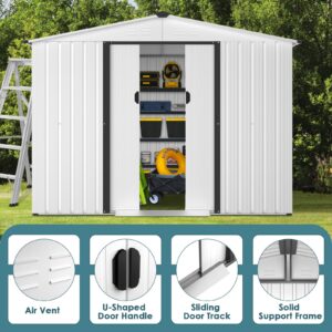 Crownland Outdoor 6 x 8 Feet Storage Shed Backyard Garden Vented Tool House with Sliding Door Outdoor Lawn Steel Roof Sheds (Cool White)