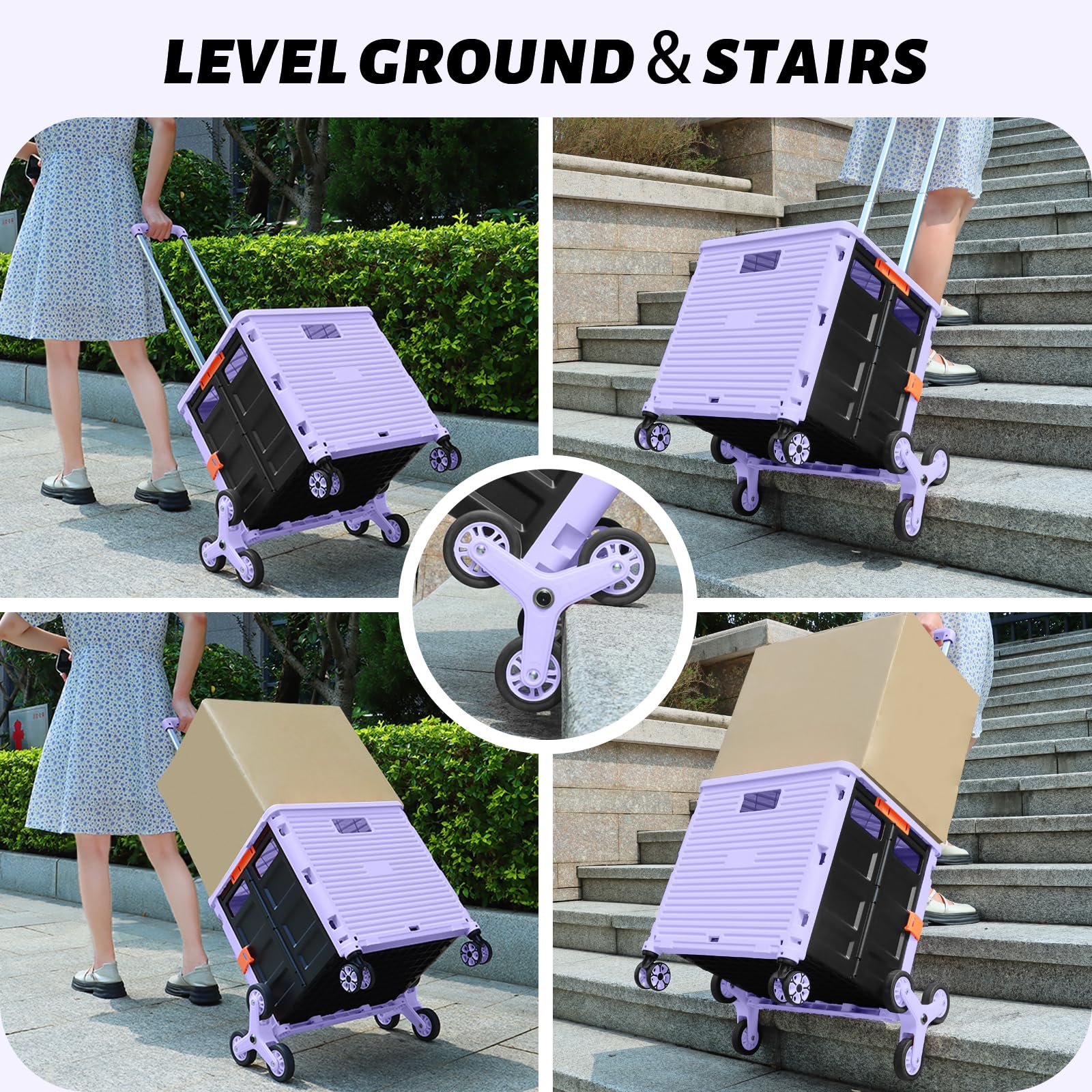 FELICON SELORSS Folding Utility Cart Portable Rolling Crate Handcart with Stair Climbing Wheels&360°Swivel Wheels Telescoping Handle Plastic Box Dolly for Travel Shop Move Office Teacher Use(Purple)