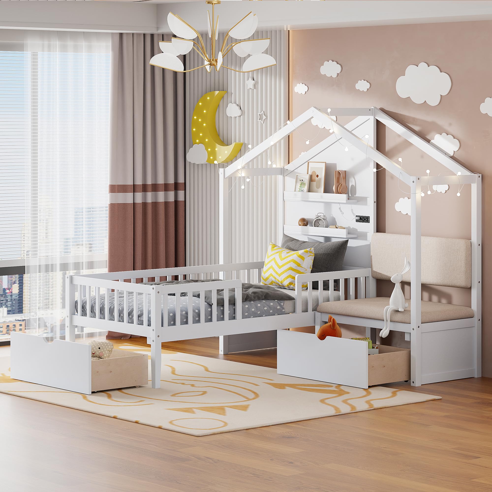 DEINPPA Twin Kids Bed with Storage, House Bed Frame with Charging Station and Futon Seat, Wooden Platform Bed with Drawers, Come with Decorative LED Lights, for Kids Children Toddler Boys Girls-White