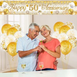 50th Wedding Anniversary Decorations White Gold Happy 50th Anniversary Yard Banner and 18Pcs 50th Golden Wedding Anniversary Balloons for 50th Golden Wedding Anniversary Party Decorations