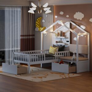 DEINPPA Twin Kids Bed with Storage, House Bed Frame with Charging Station and Futon Seat, Wooden Platform Bed with Drawers, Come with Decorative LED Lights, for Kids Children Toddler Boys Girls-White