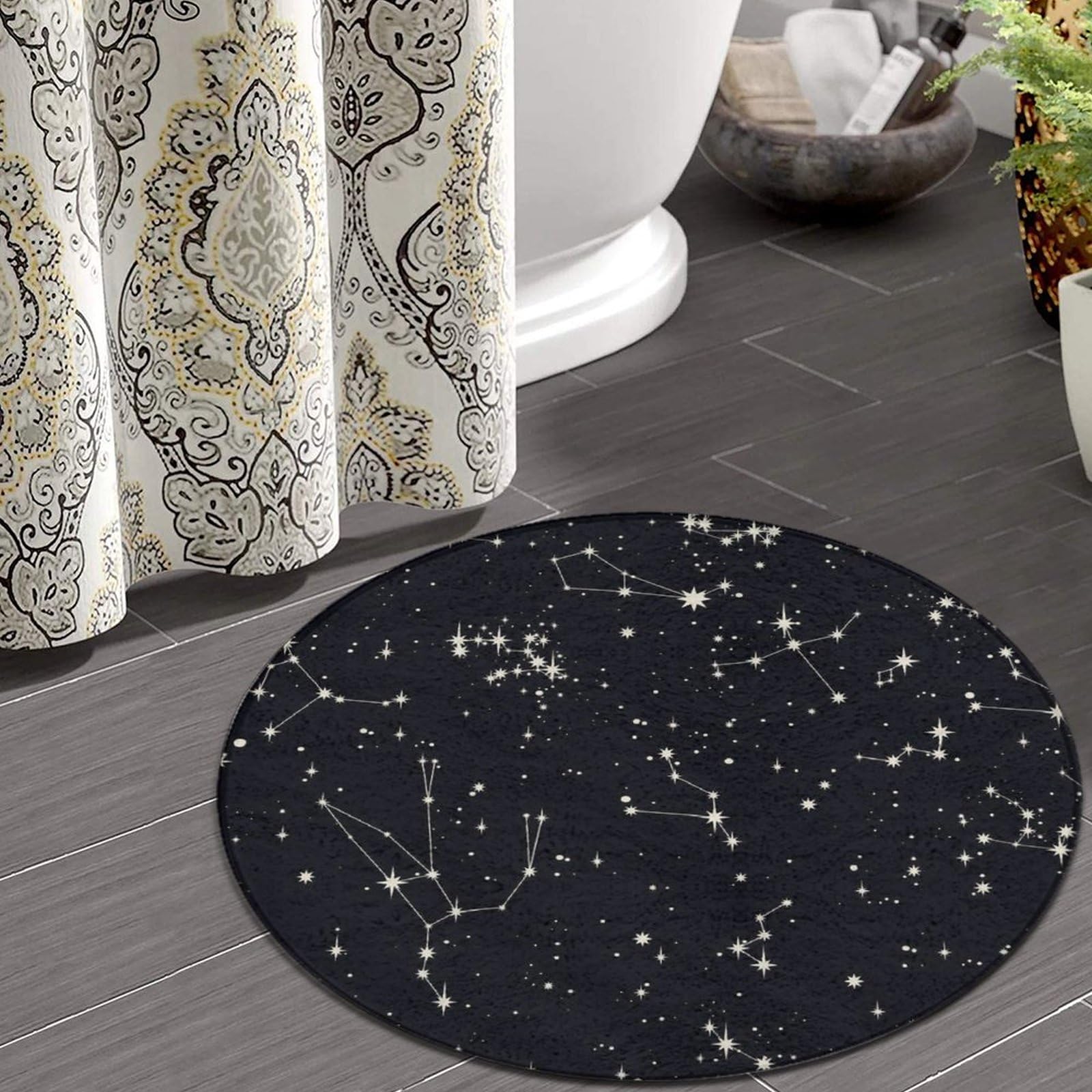 Large Round Bathroom Rug Kitchen Office Circle Rug for Living Room Sofa Bedroom Circle Cute Mat Compatible with Zodiac Constellation Galaxy Black Starry Night Stars Glow Dark Midnight 36inch(90cm)