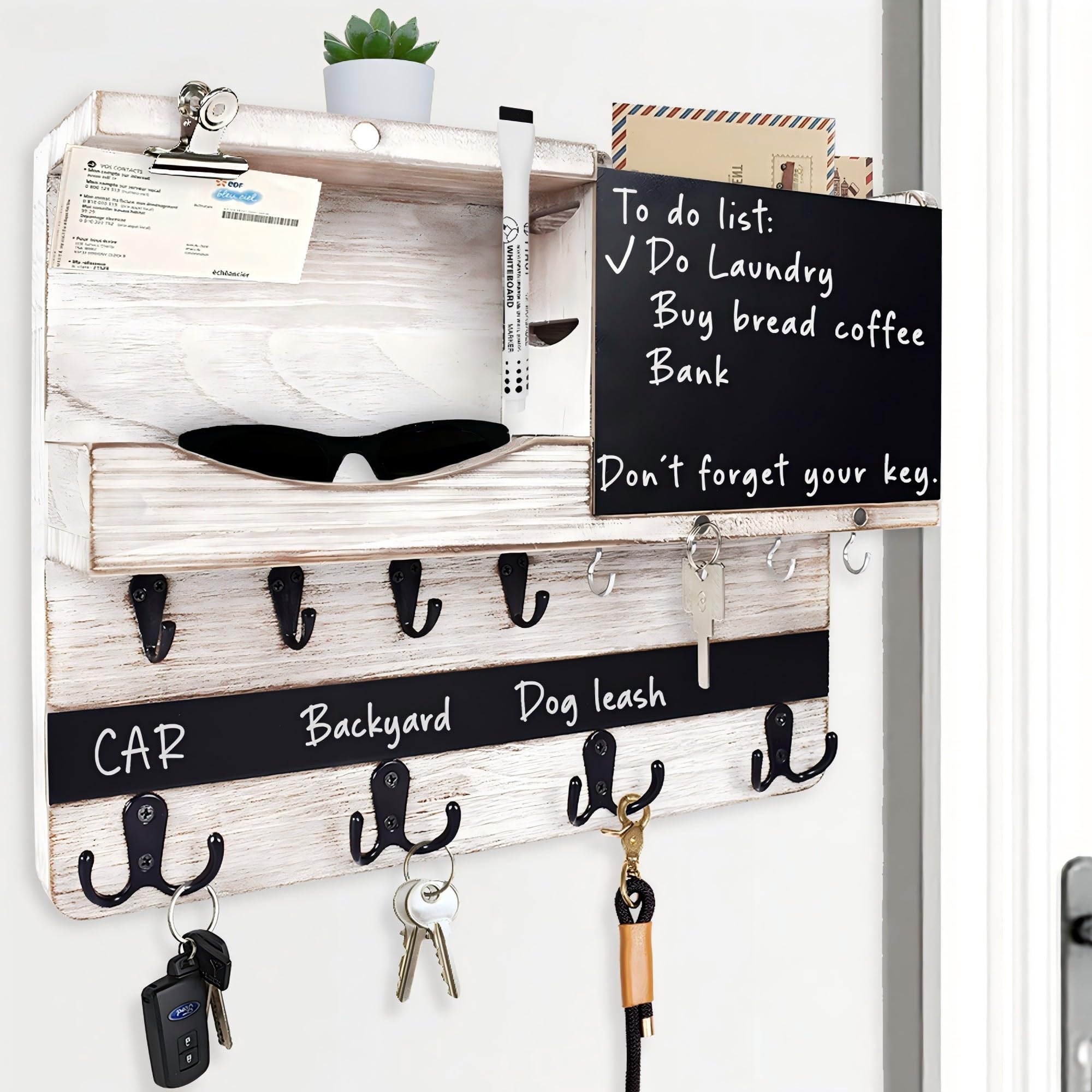 Farmhouse Key and Mail Holder for Wall Decorative, Rustic Mail and Key Organizer for Wall with Different Hooks, Chalkboard, Key Holder Wall Mount with Shelf, Basket, Clips(Pine Wood, White Washed)