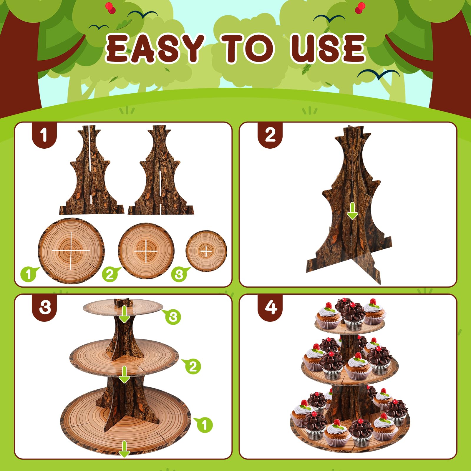 Ira Pollitt 2 Pcak 3 Tier Woodland Cupcake Stand Wooden Cupcake Stand Tower Wood Birthday Party Supplies for Woodland Forest Birthday Party Decor Supplies