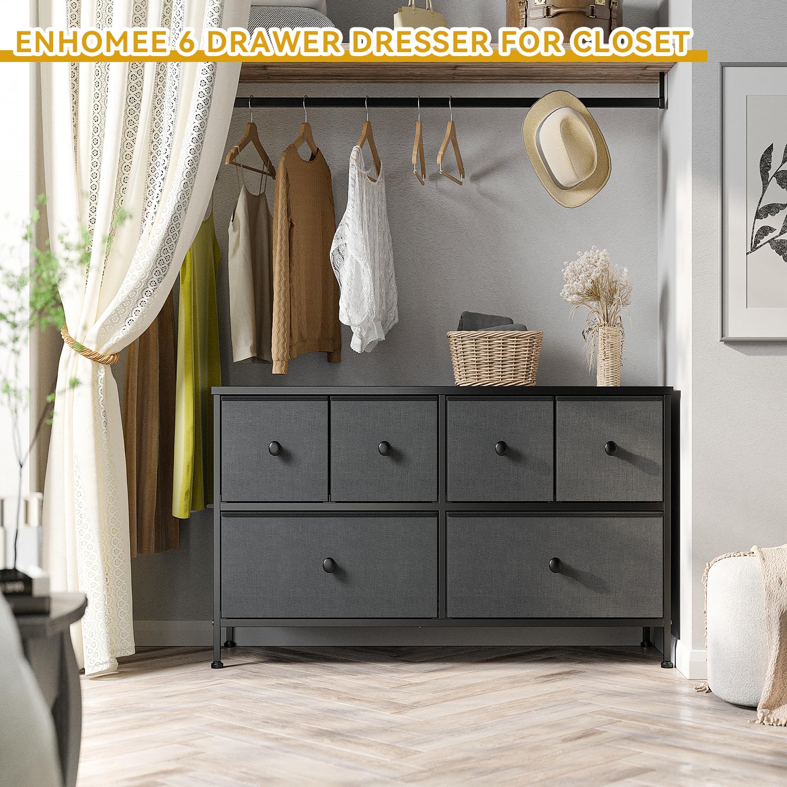 EnHomee Dresser for Bedroom with 6 Drawer, Wide Dresser & Chests of Drawers Dressers for Closet, Bedroom, Entryway, Grey