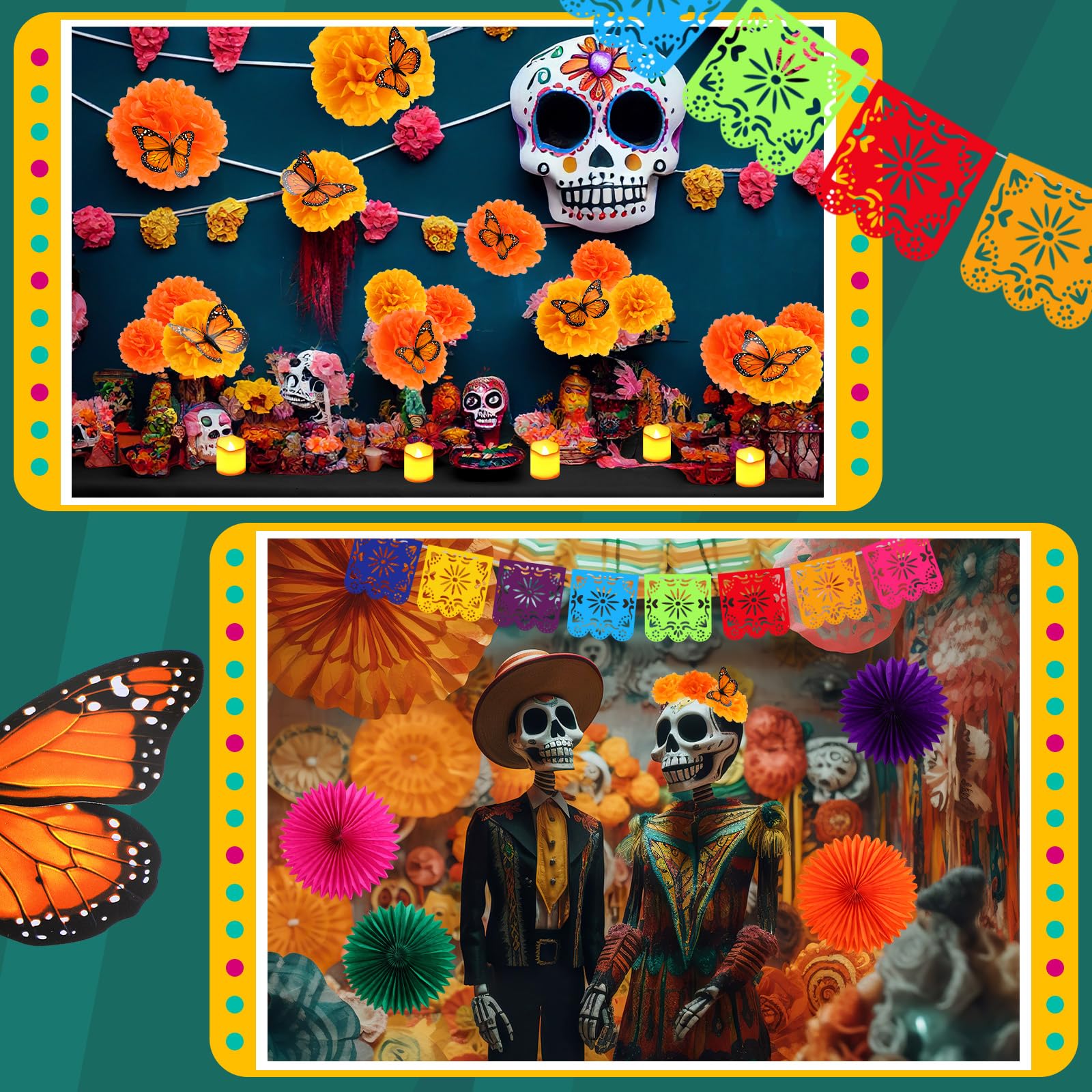 Newwiee 82 Pcs Day of the Dead Altar Kit Flameless LED Candle Paper Marigold Flower Fan Monarch Butterfly Papel Picado Banner Disposable Tablecloth for Dia De Los Muertos Altar Diwali(Cute Color)