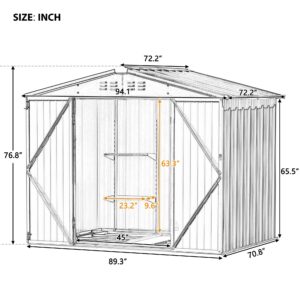 RITSU 8ft x 6ft Outdoor Garden Shed, Metal Storage Shed with Adjustable Shelf and Lockable Doors, Galvanized Steel Tool Cabinet with Vents and Foundation Frame Shed for Backyard, Lawn, Garden, Brown