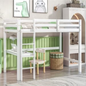 lifesky twin size loft bed - heavy duty loft beds with built-in desk and stairs - wood lofted bed frame with ladder for boys girls teens kids bedroom white