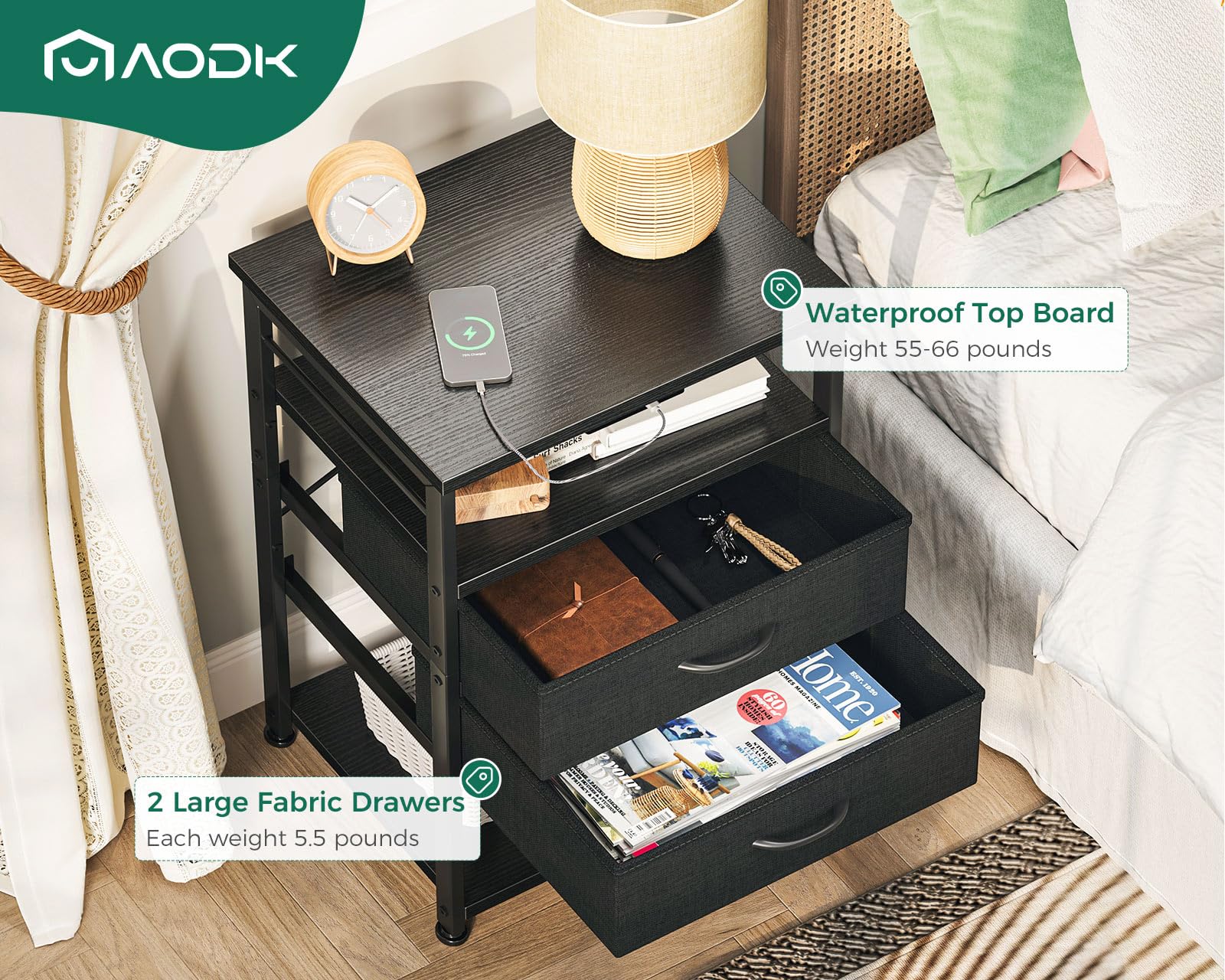 AODK Night Stand with Charging Station, End Table for Bedroom Tall Nightstand with Drawers, Small Nightstand for Bedroom, 4-Tier Storage Bedside Table, Black