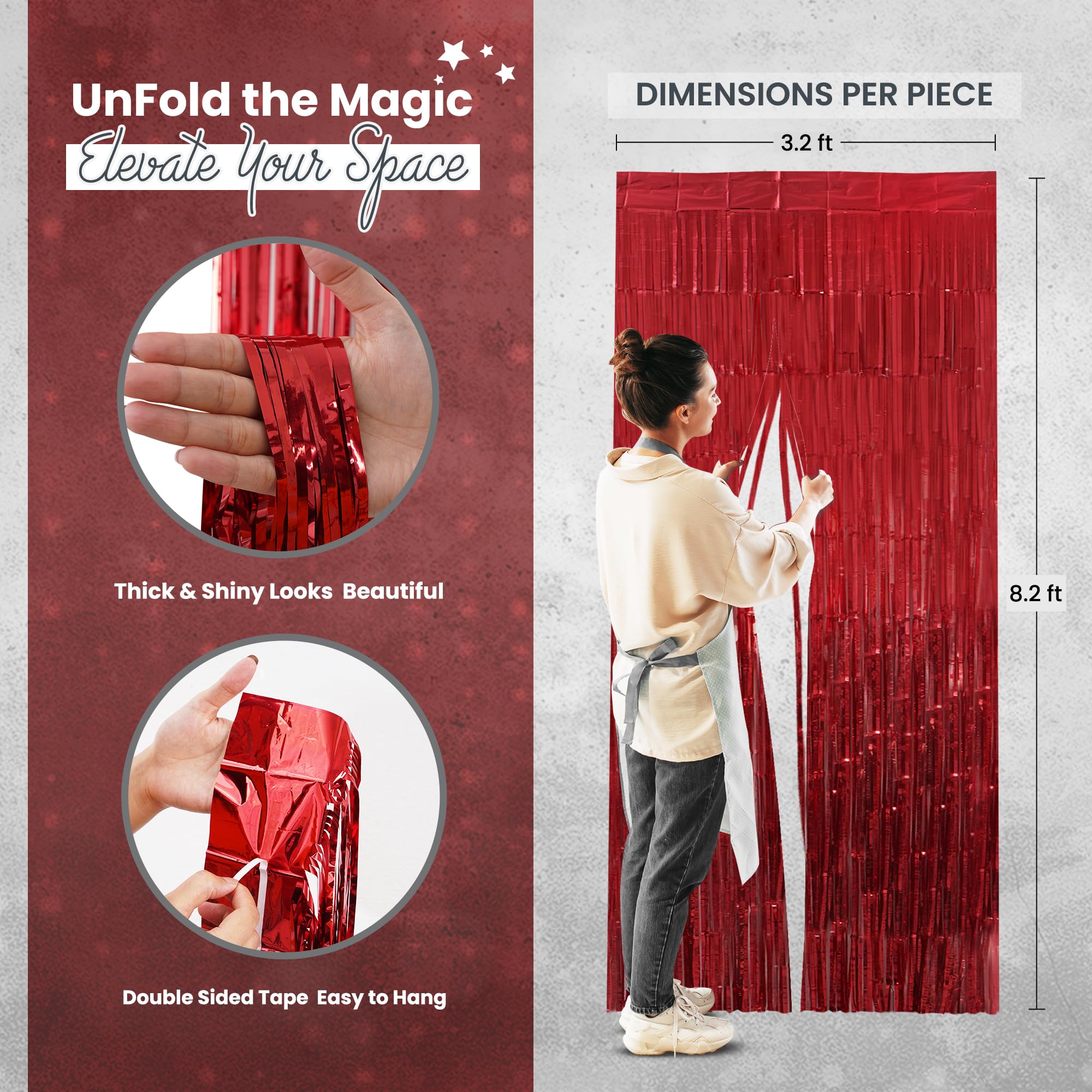 RFAQK 2Pack 3.30x8.20 Feet Red Foil Fringe Curtains -Red Fringe Backdrop, Tinsel Streamers Party Decorations for Birthday, Red Backdrop for Baby Shower, Gender Reveal, Disco Party and Graduation Decor