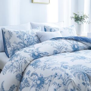 BOLINLIVING Floral Duvet Cover Queen Size 3 Pieces, Flower Duvet Cover with 2 Pillow Shams, Soft Floral Bedding Set White and Blue for All Season, Breathable, Zipper Closure…